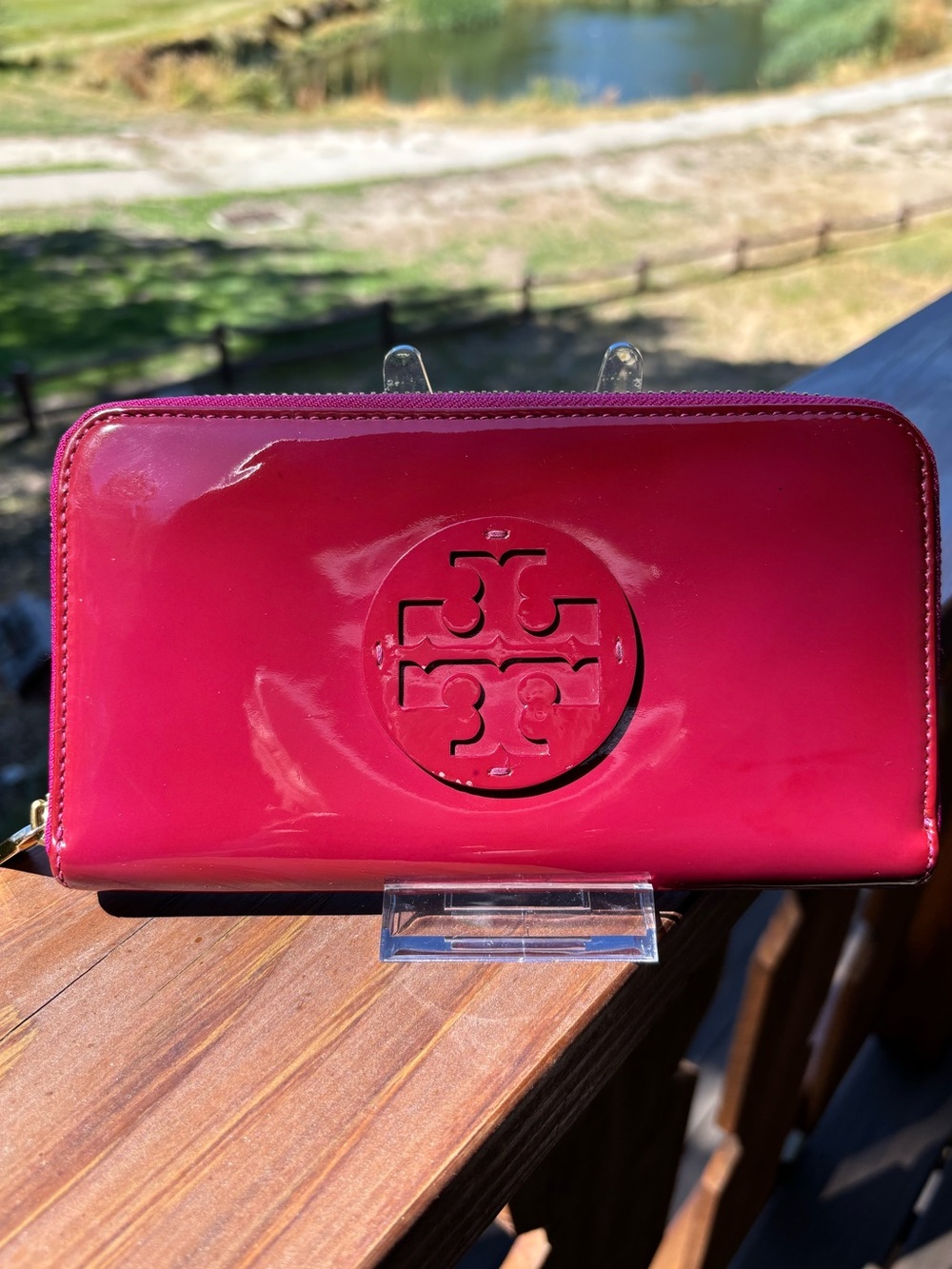 Tory Burch wild, raspberry patent, leather Zip Wallet